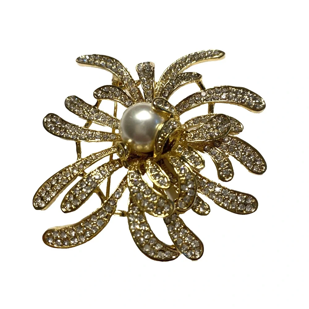 Runway Statement Gold Splash Brooch White Rhinestones & Faux Pearl Bead Mod Art